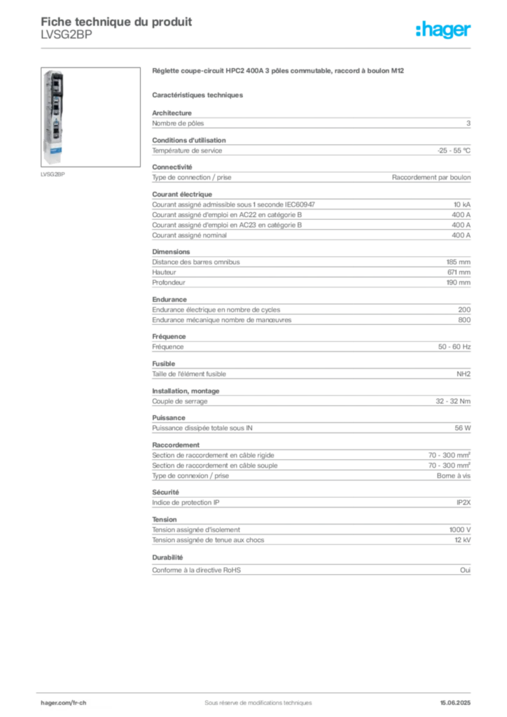 Image Hager Fiche technique du produit LVSG2BP | Hager Suisse