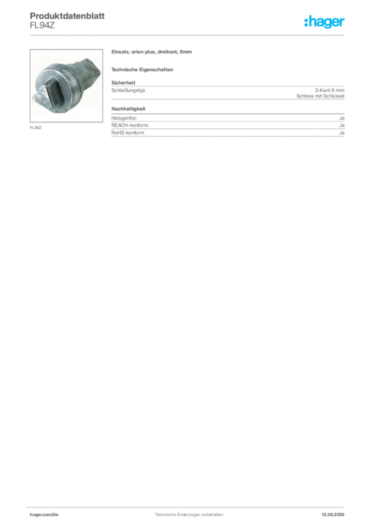 Hager Produktdatenblatt FL94Z