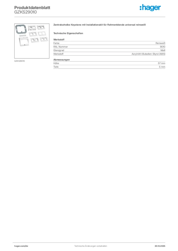 Bild Hager Produktdatenblatt GZKS29010 | Hager Deutschland