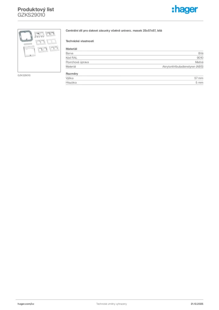 Obrázek Hager Produktový list GZKS29010 | Hager