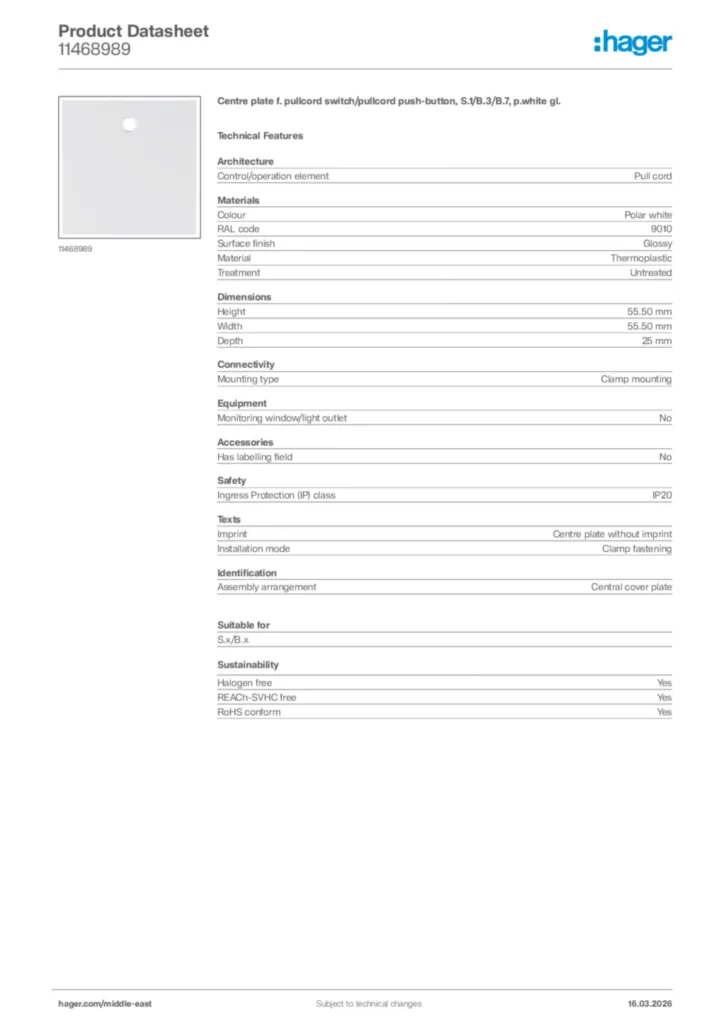 Image Hager Product data sheet 11468989  | Hager