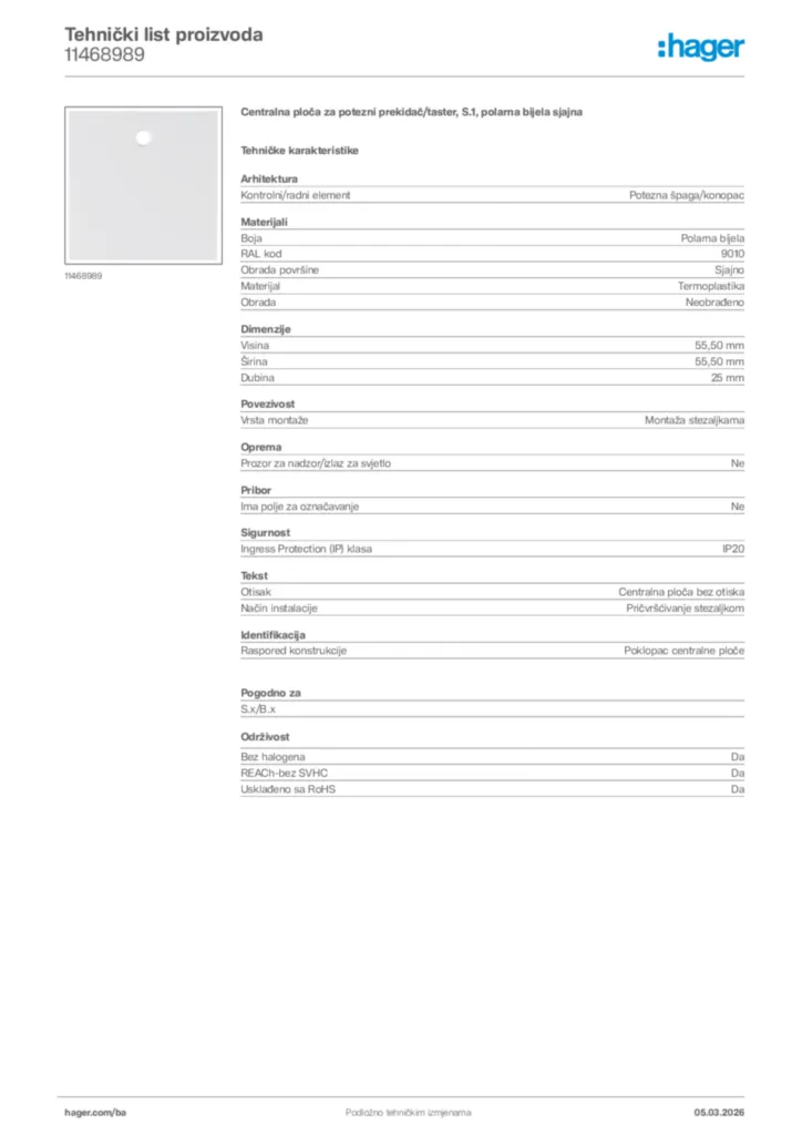 Slika Hager Tehnički list proizvoda 11468989  | Hager