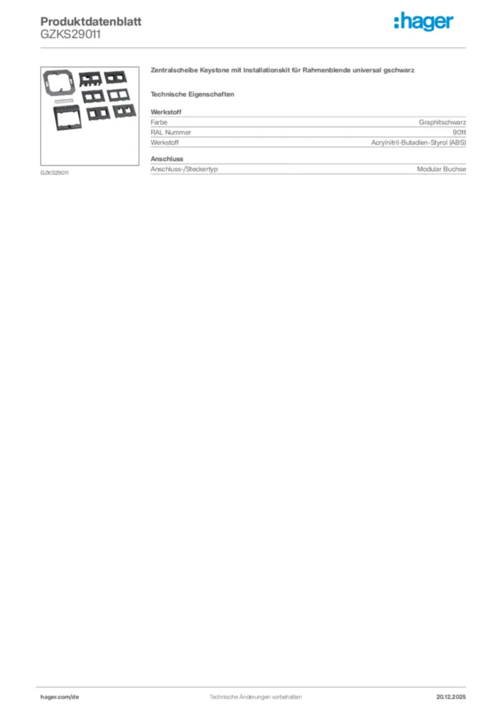 Bild Hager Produktdatenblatt GZKS29011 | Hager Deutschland