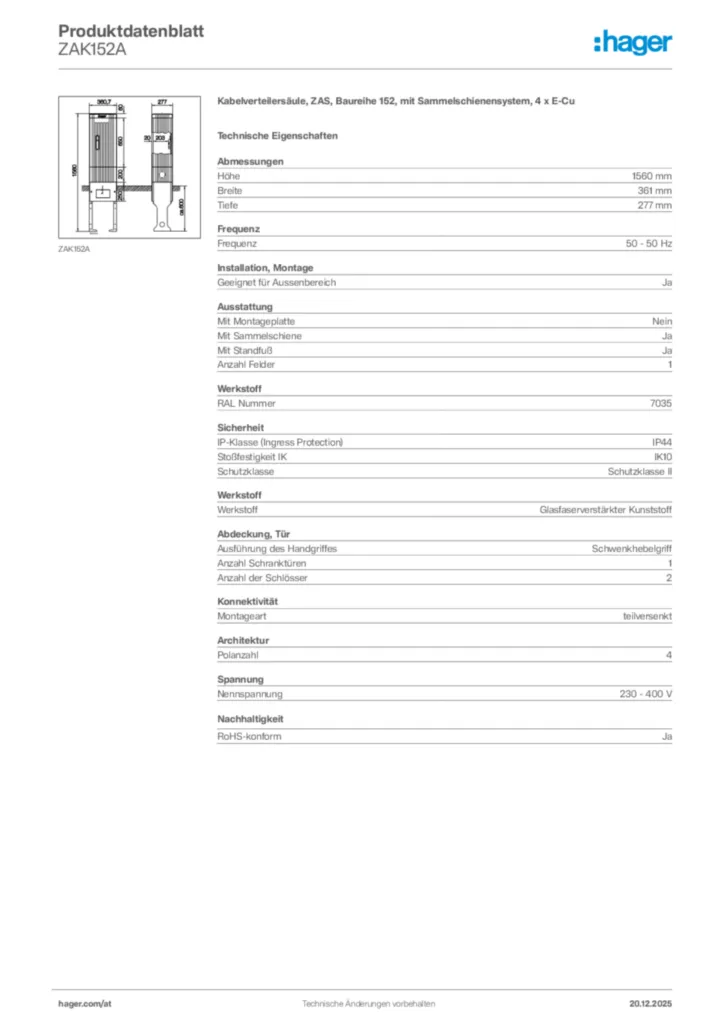 Bild Hager Produktdatenblatt ZAK152A | Hager Deutschland