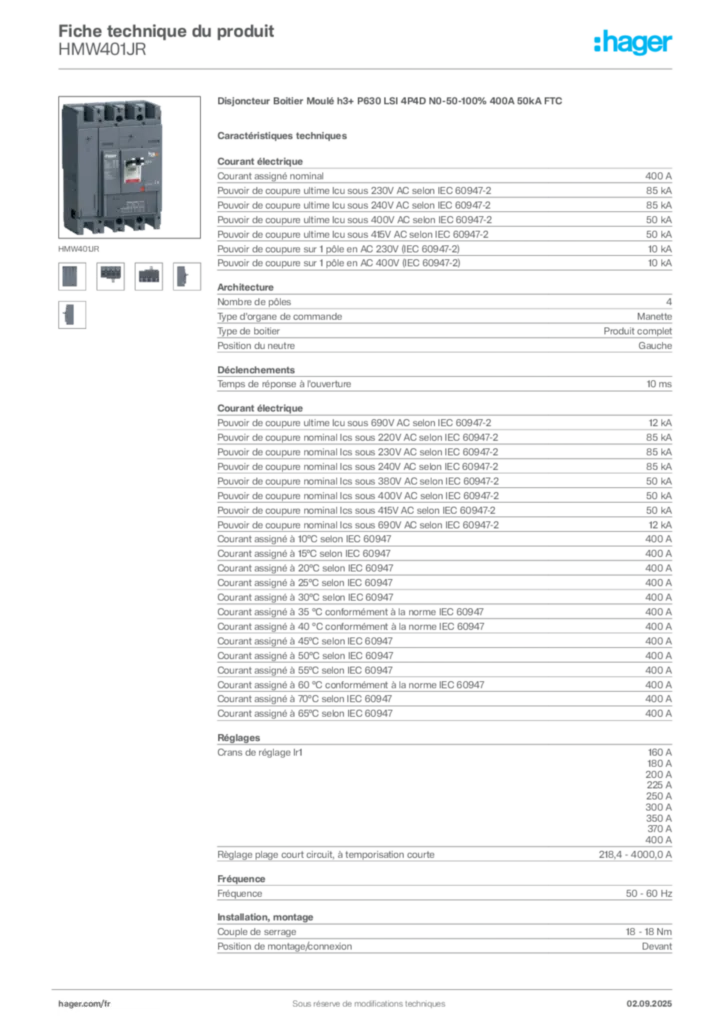 Image Hager Fiche technique du produit HMW401JR | Hager France