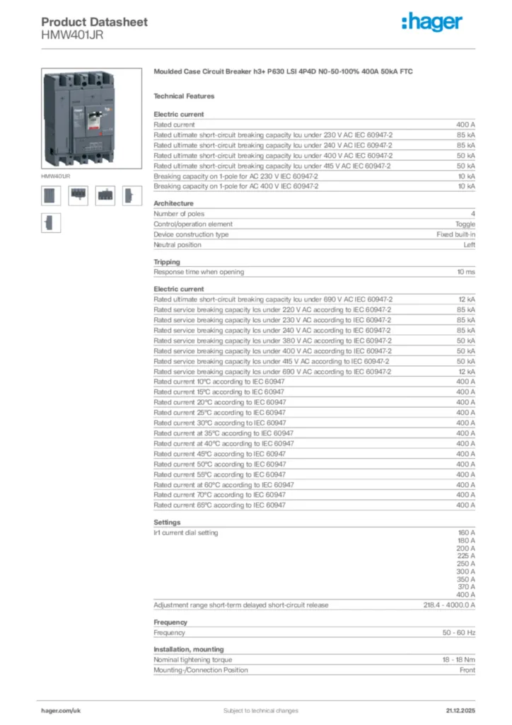Image Hager Product data sheet HMW401JR  | Hager