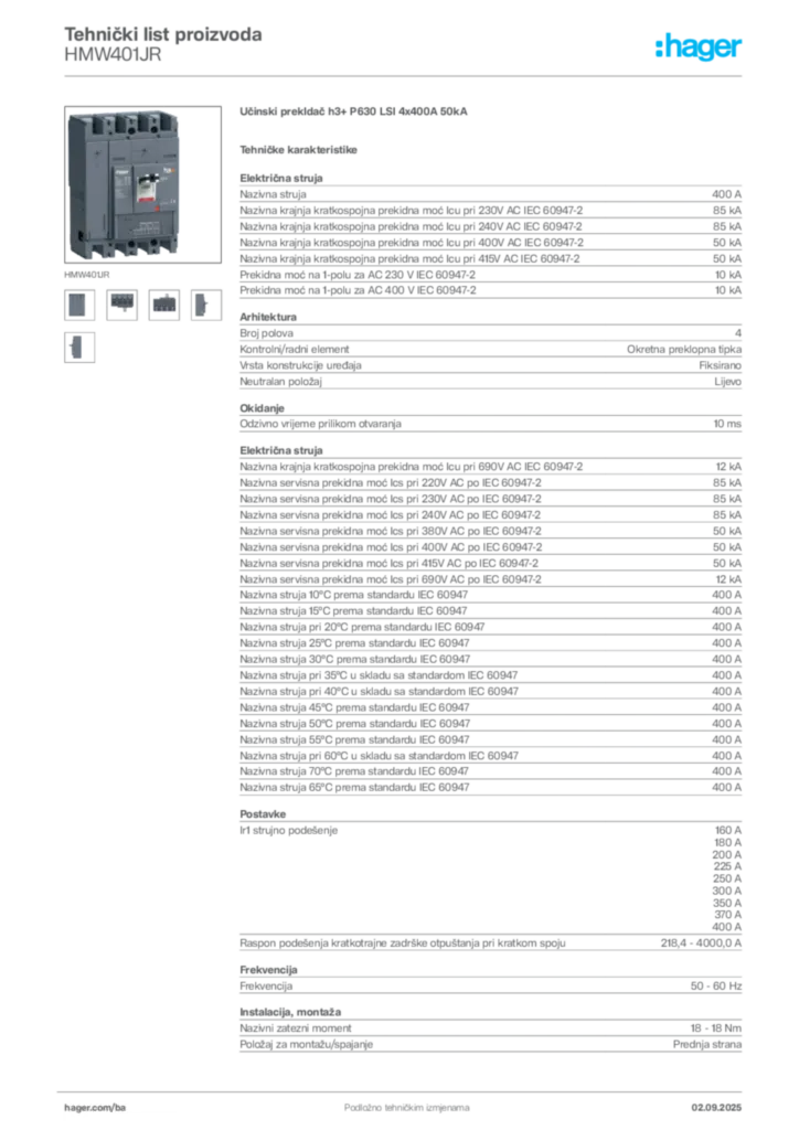 Slika Hager Tehnički list proizvoda HMW401JR  | Hager