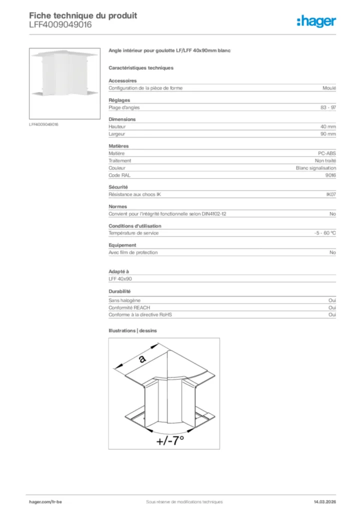 Image Hager Fiche technique du produit LFF4009049016 | Hager Belgique