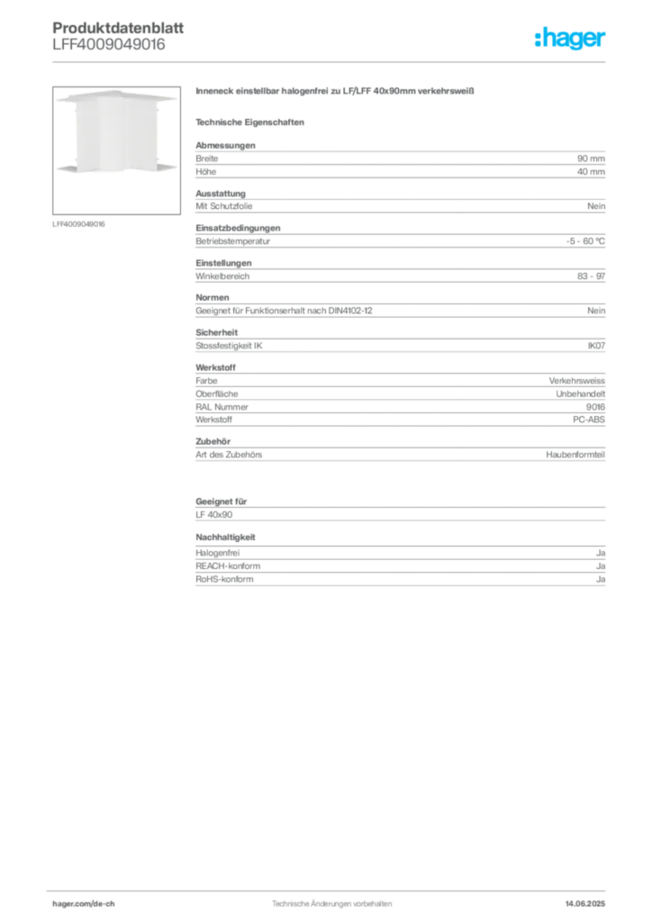 Bild Hager Produktdatenblatt LFF4009049016 | Hager Schweiz