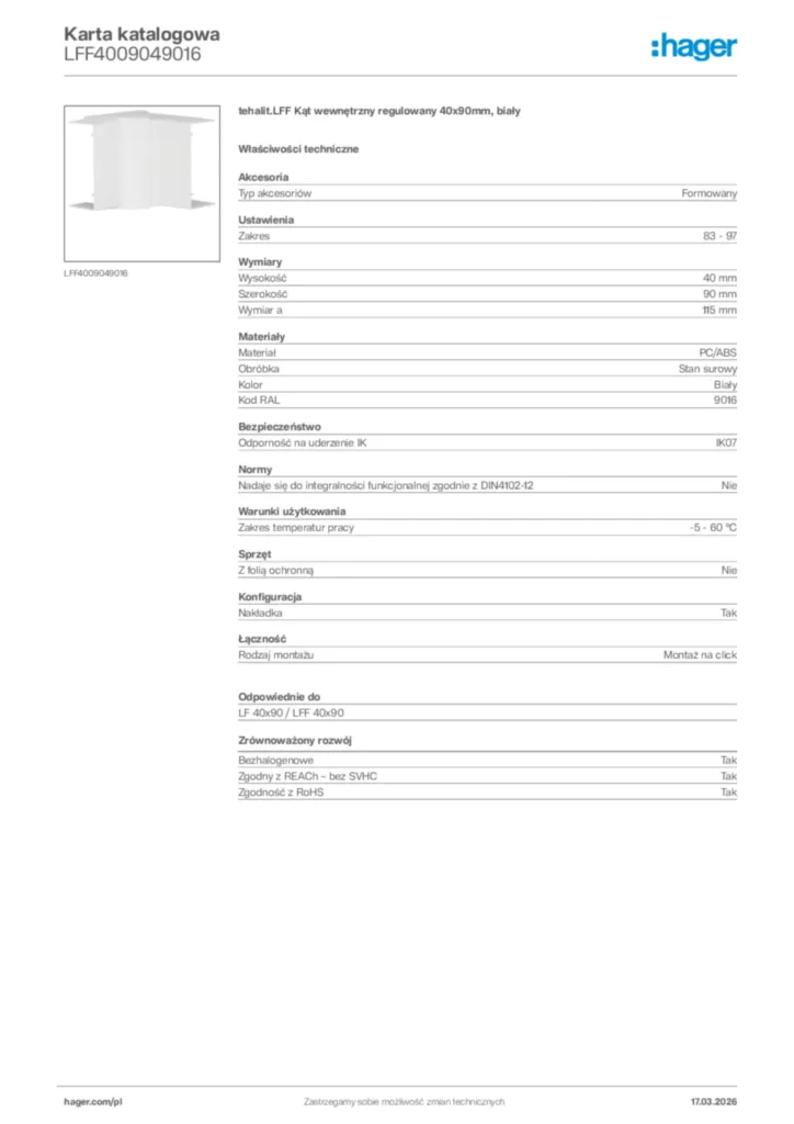 Zdjęcie Hager Karta katalogowa LFF4009049016 | Hager Polska