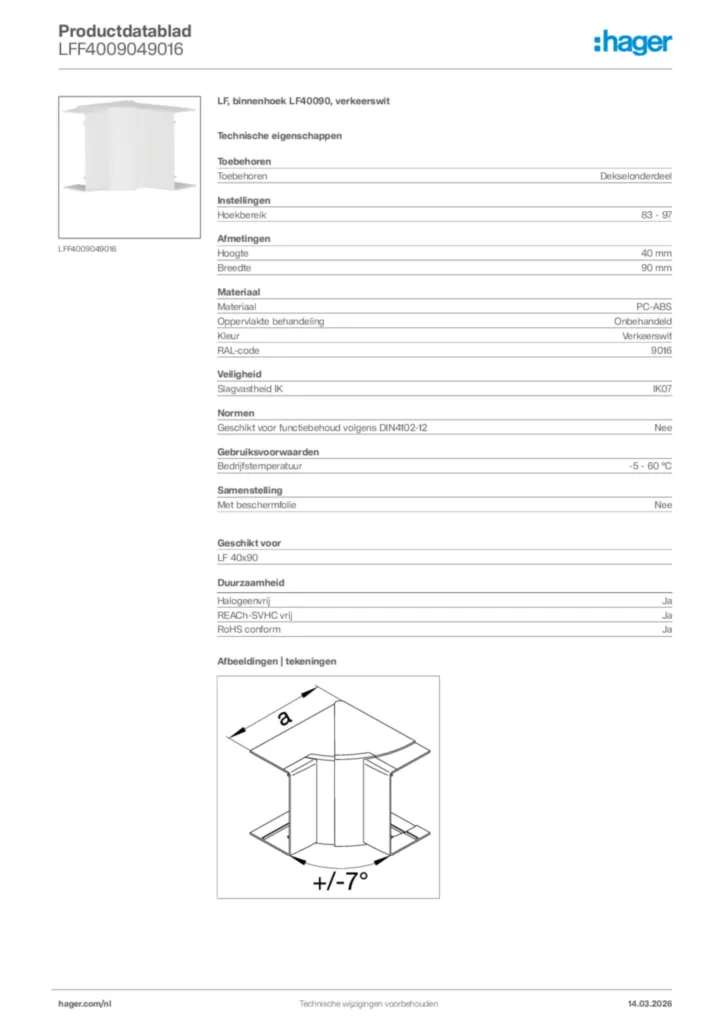 Afbeelding Hager Productdatablad LFF4009049016 | Hager Nederland