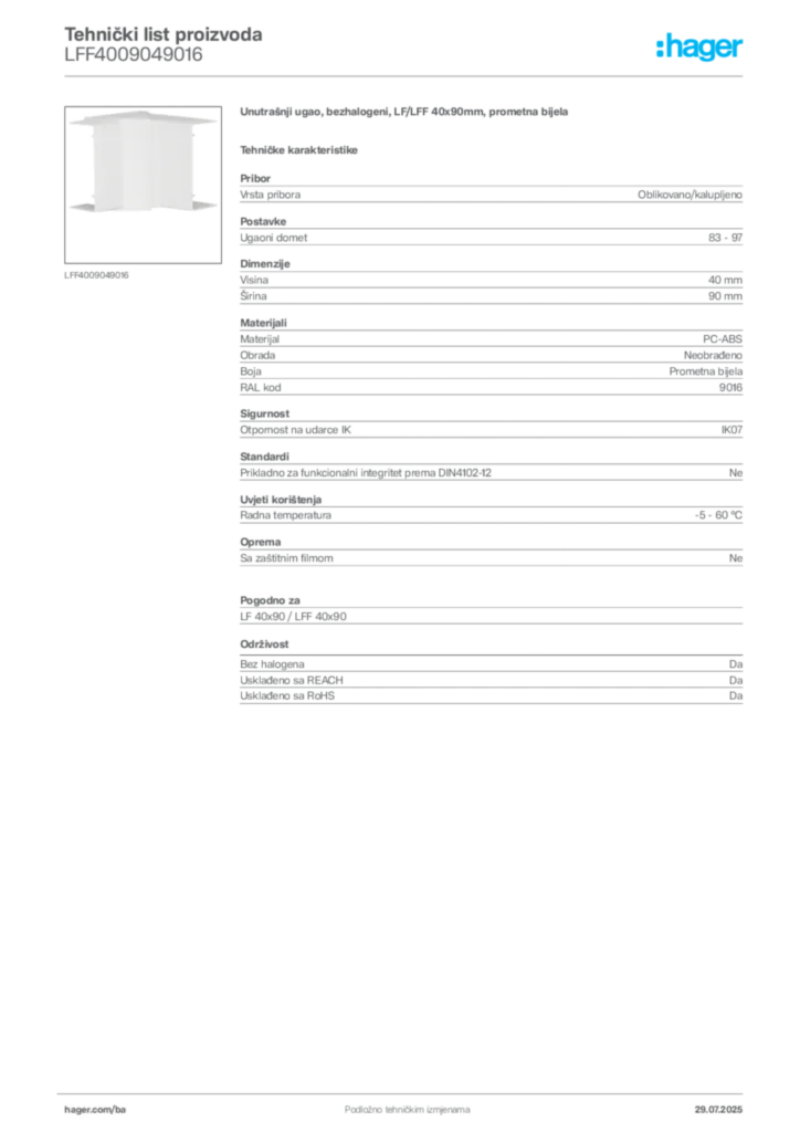Slika Hager Product data sheet LFF4009049016  | Hager
