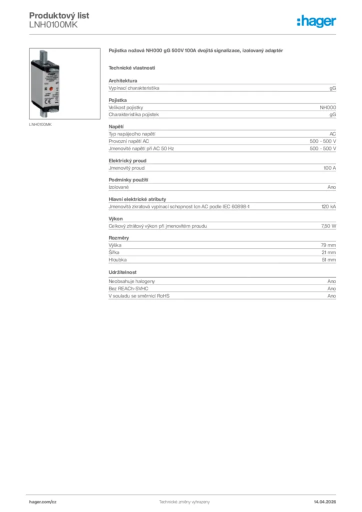 Obrázek Hager Product data sheet LNH0100MK | Hager