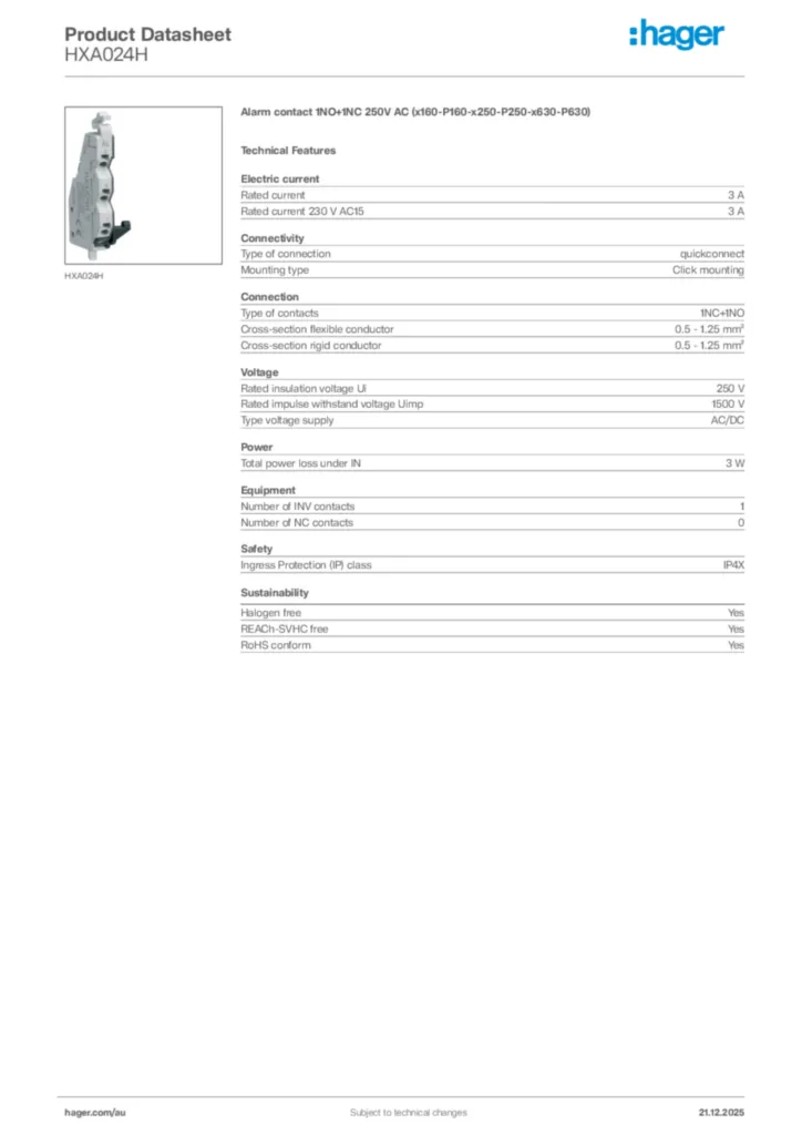 Image Hager Product data sheet HXA024H  | Hager Australia