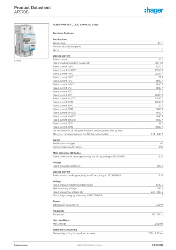 Image Hager Product data sheet AF970B  | Hager