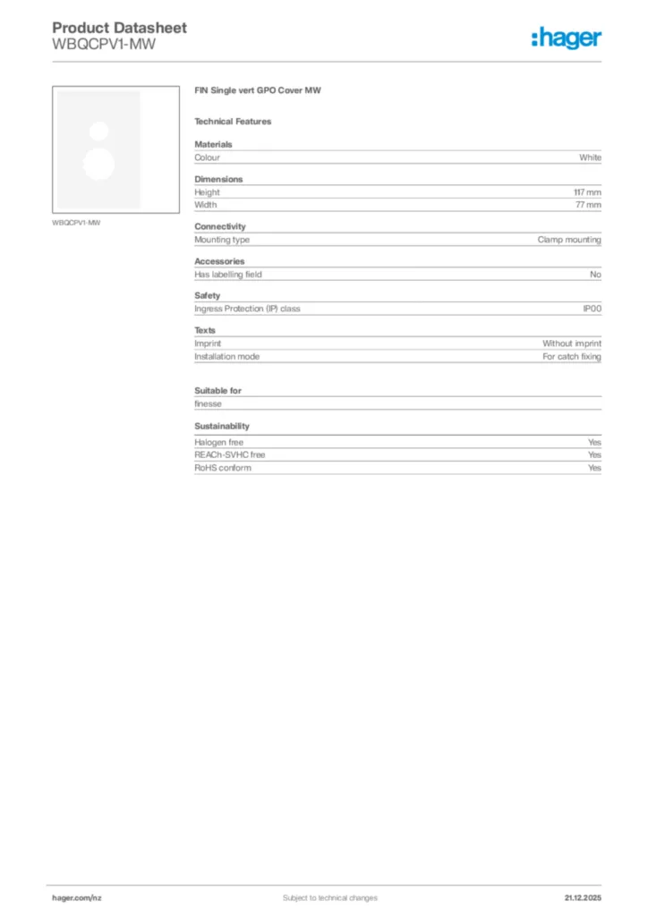 Image Hager Product data sheet WBQCPV1-MW  | Hager New Zealand