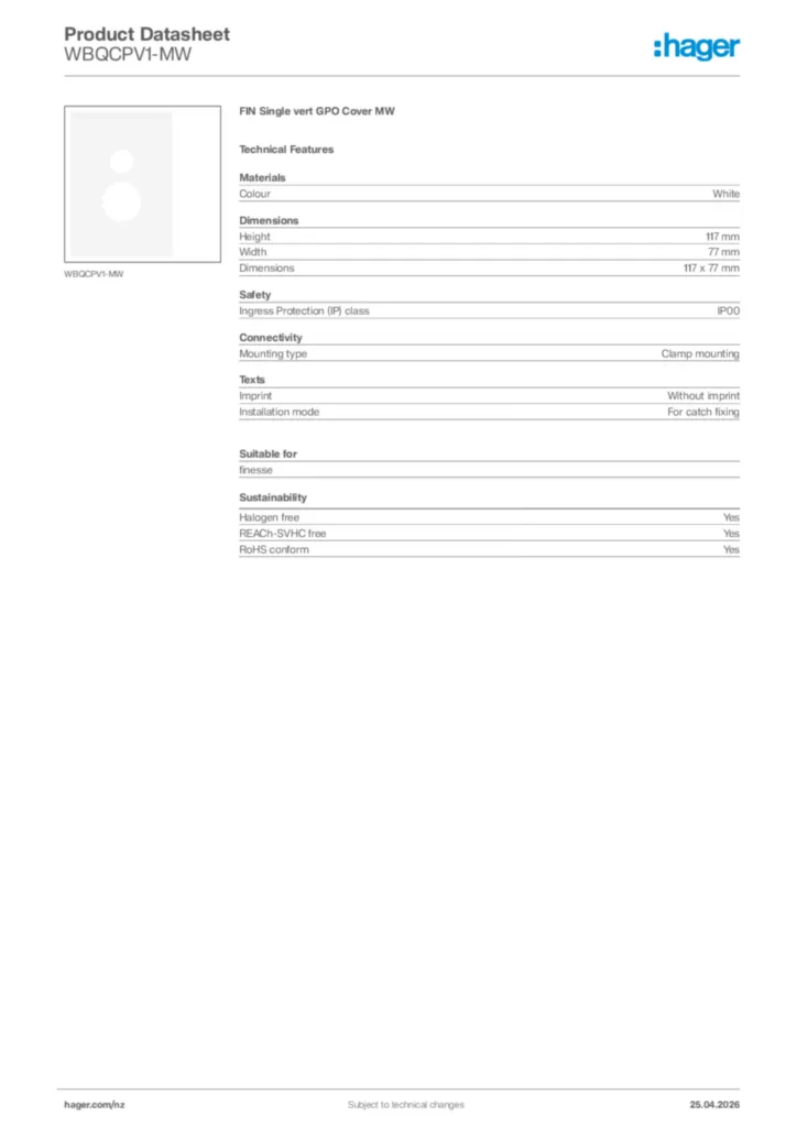 Image Hager Product data sheet WBQCPV1-MW  | Hager New Zealand