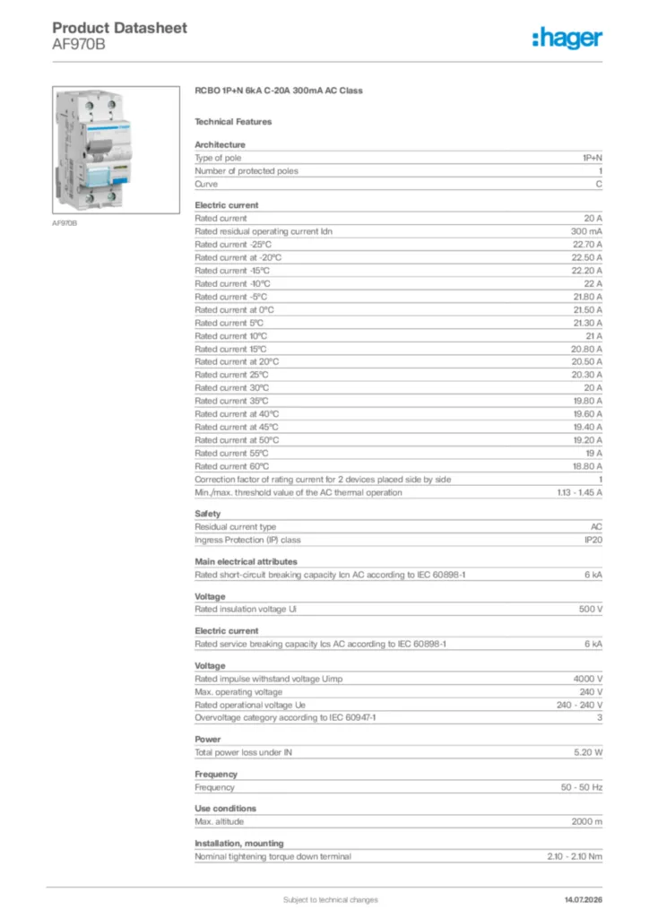 Image Hager Product data sheet AF970B  | Hager Africa