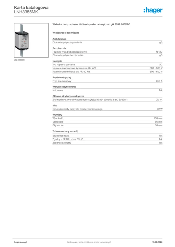 Zdjęcie Hager Karta katalogowa LNH3355MK | Hager Polska
