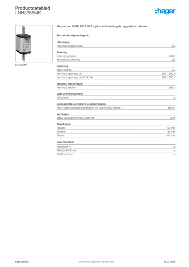 Afbeelding Hager Productdatablad LNH3355MK | Hager Nederland