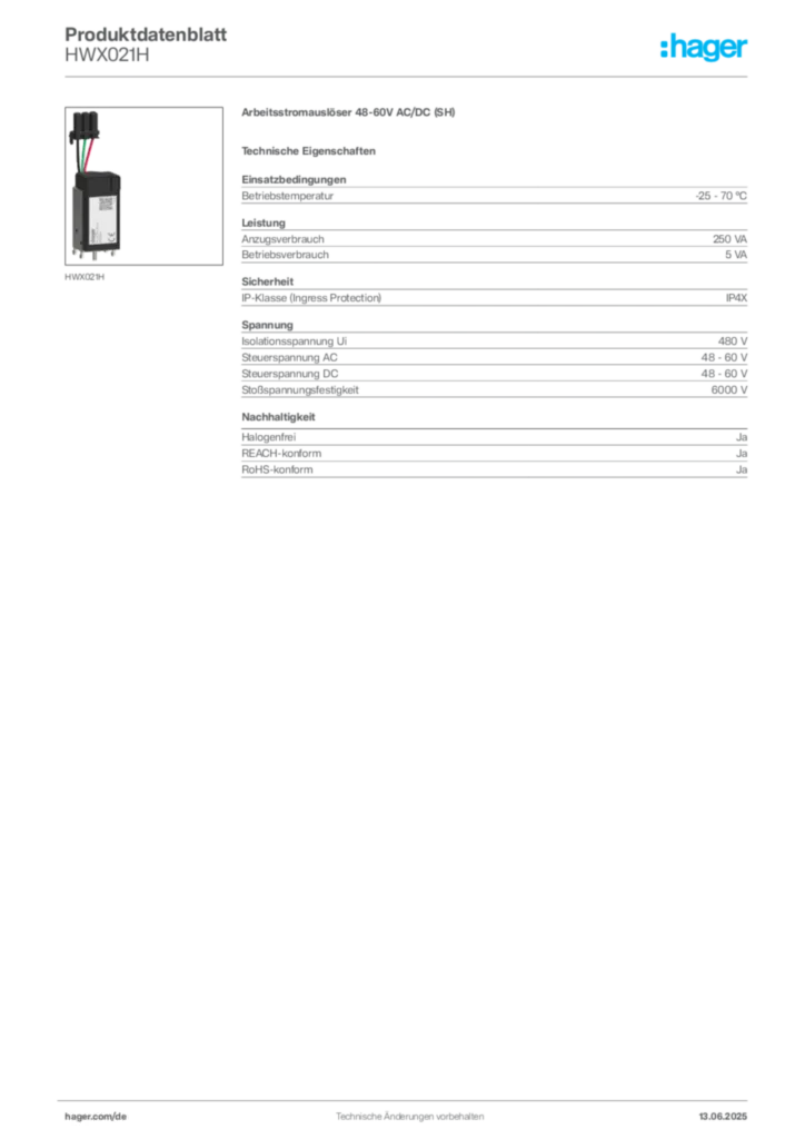 Bild Hager Produktdatenblatt HWX021H | Hager Deutschland