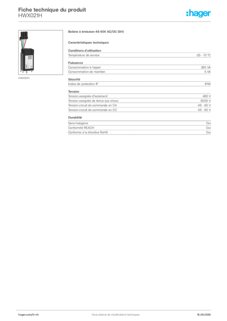 Image Hager Fiche technique du produit HWX021H | Hager Suisse