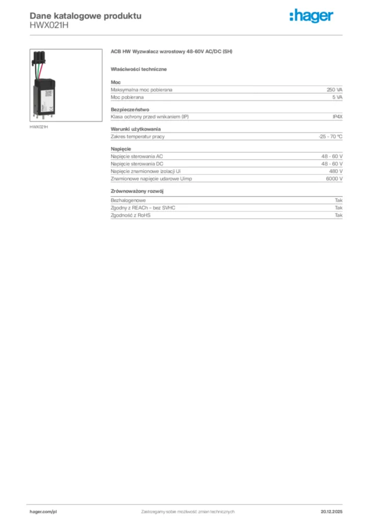 Zdjęcie Hager Dane katalogowe produktu HWX021H | Hager Polska