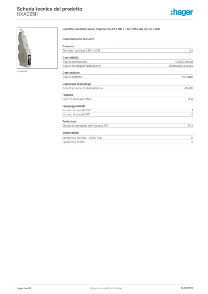 Immagine Hager Scheda tecnica del prodotto HXA025H | Hager Italia