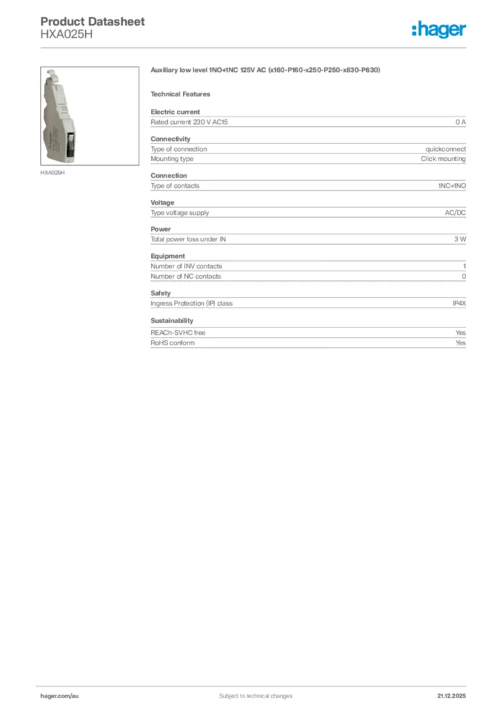 Image Hager Product data sheet HXA025H  | Hager Australia