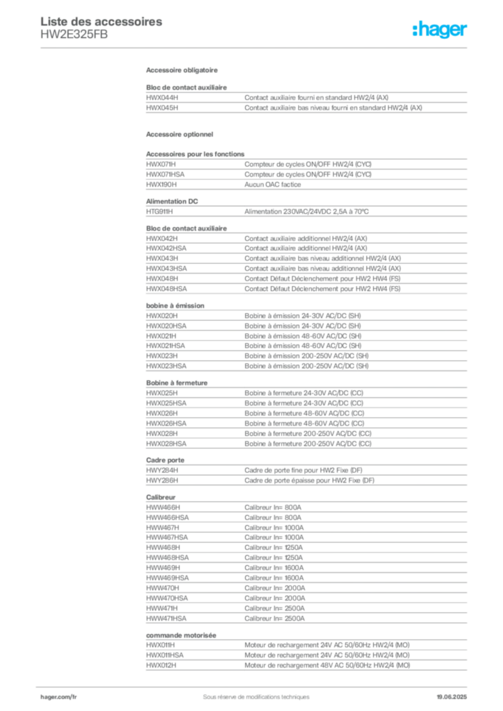 Image Hager Fiche technique du produit HW2E325FB | Hager France