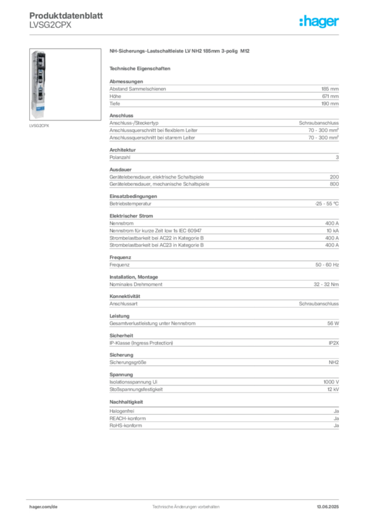 Bild Hager Produktdatenblatt LVSG2CPX | Hager Deutschland
