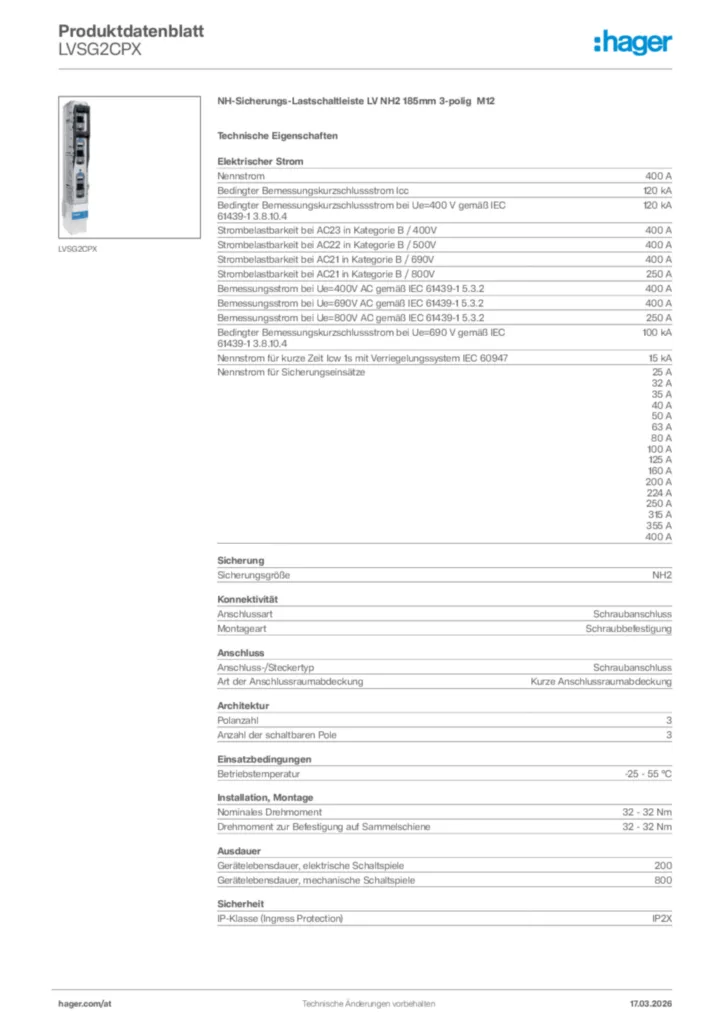 Bild Hager Produktdatenblatt LVSG2CPX | Hager Deutschland