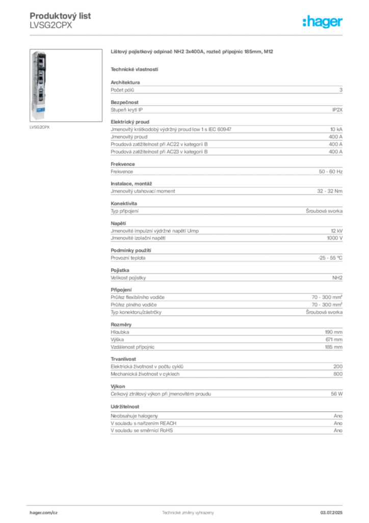 Obrázek Hager Produktový list LVSG2CPX | Hager