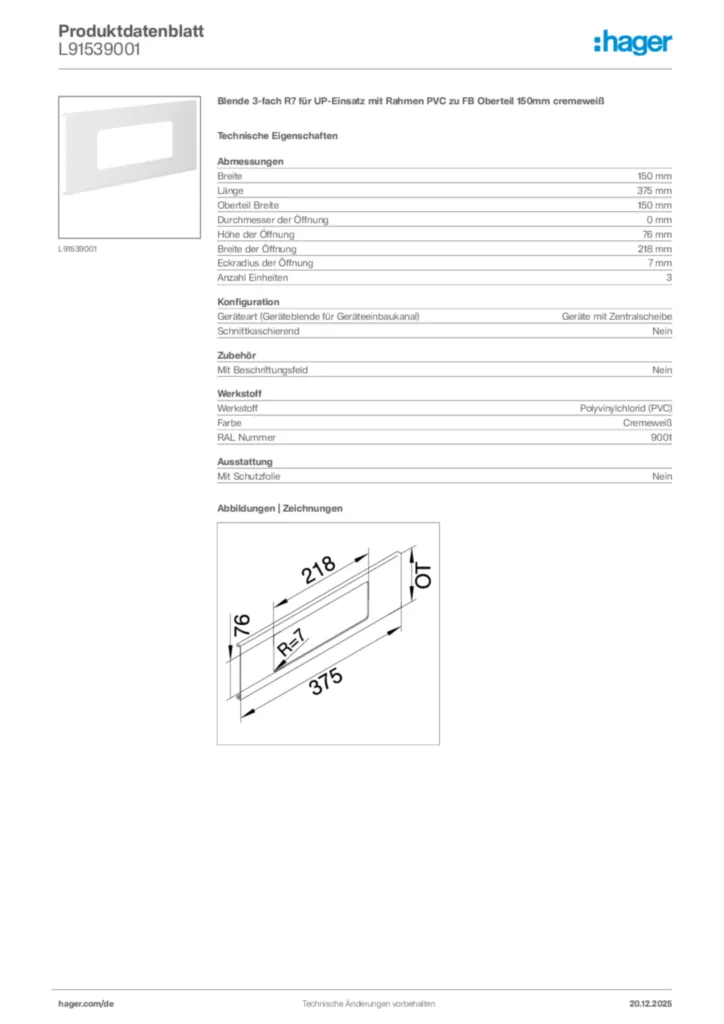 Bild Hager Produktdatenblatt L91539001 | Hager Deutschland