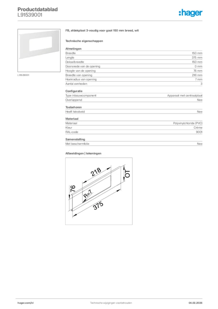 Afbeelding Hager Productdatablad L91539001 | Hager Nederland