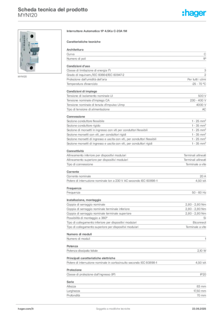 Immagine Hager Scheda tecnica del prodotto MYN120 | Hager Italia