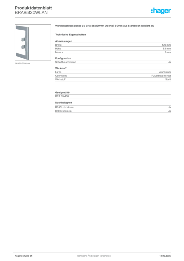 Bild Hager Produktdatenblatt BRA85130WLAN | Hager Schweiz