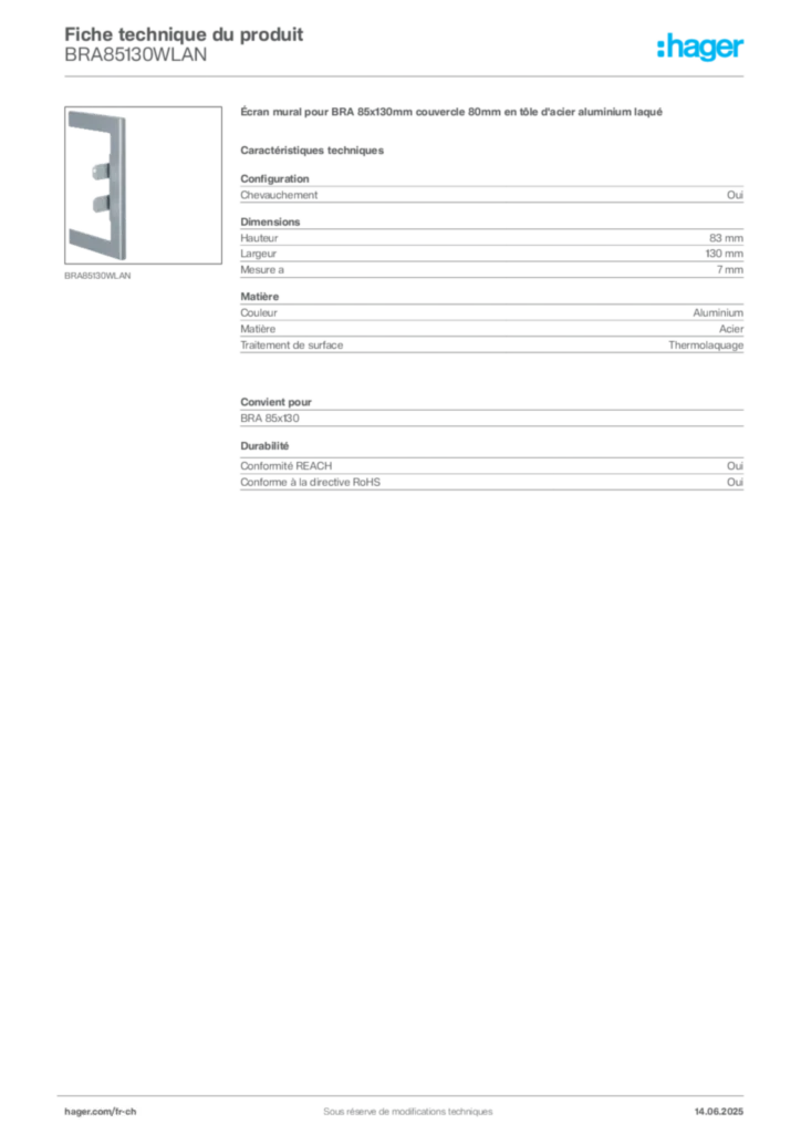 Image Hager Fiche technique du produit BRA85130WLAN | Hager Suisse