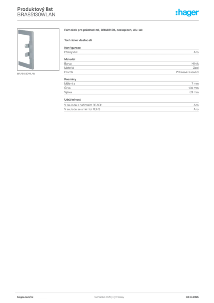 Obrázek Hager Produktový list BRA85130WLAN | Hager