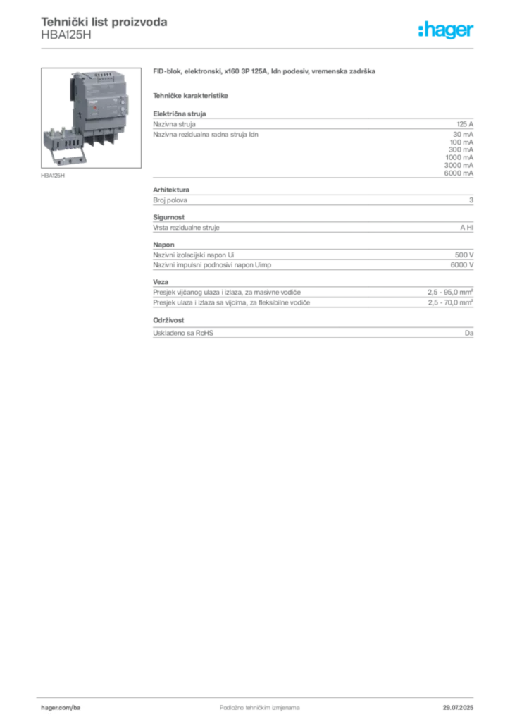 Slika Hager Product data sheet HBA125H  | Hager