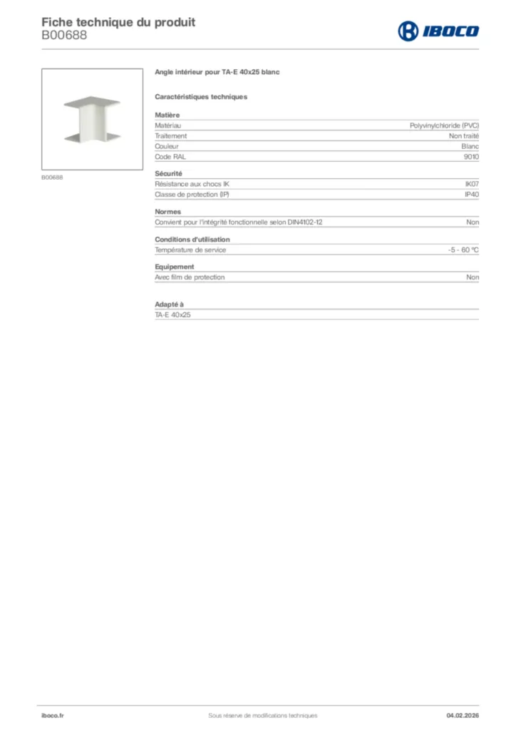 Image Iboco Fiche technique du produit B00688 | Hager France