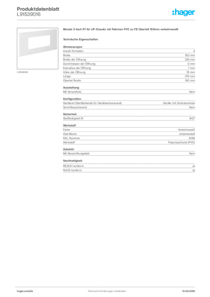 Hager Produktdatenblatt L91539016