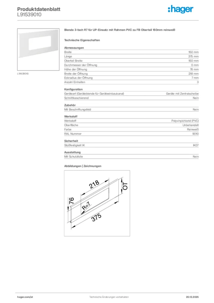 Bild Hager Produktdatenblatt L91539010 | Hager Deutschland