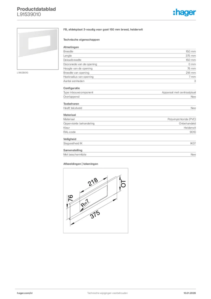 Afbeelding Hager Productdatablad L91539010 | Hager Nederland