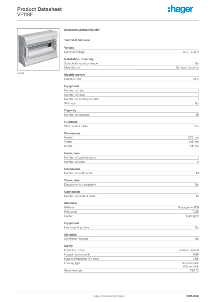 Image Hager Product data sheet VE118F  | Hager Africa