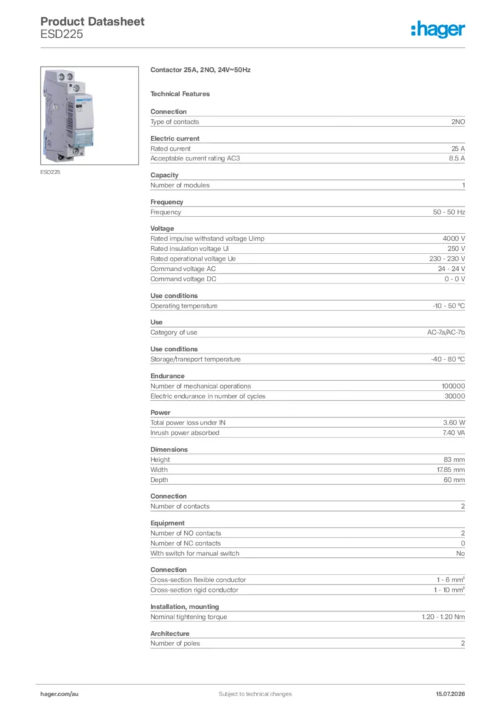 Image Hager Product data sheet ESD225  | Hager Australia