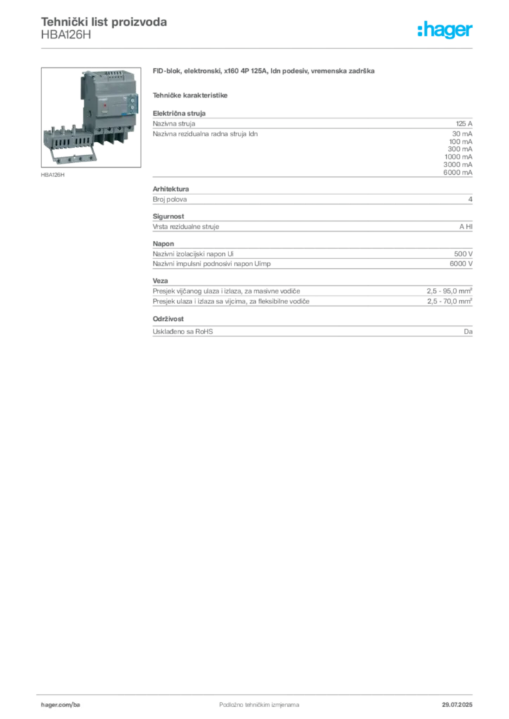 Slika Hager Product data sheet HBA126H  | Hager