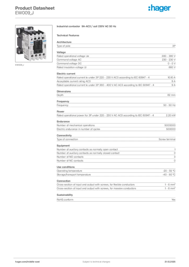 Image Hager Product data sheet EW009_J  | Hager