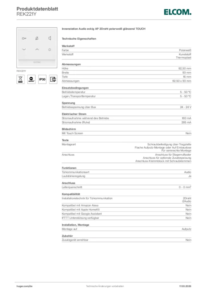 Bild Elcom Produktdatenblatt REK221Y | Hager Deutschland