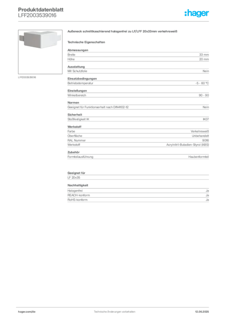 Bild Hager Produktdatenblatt LFF2003539016 | Hager Deutschland
